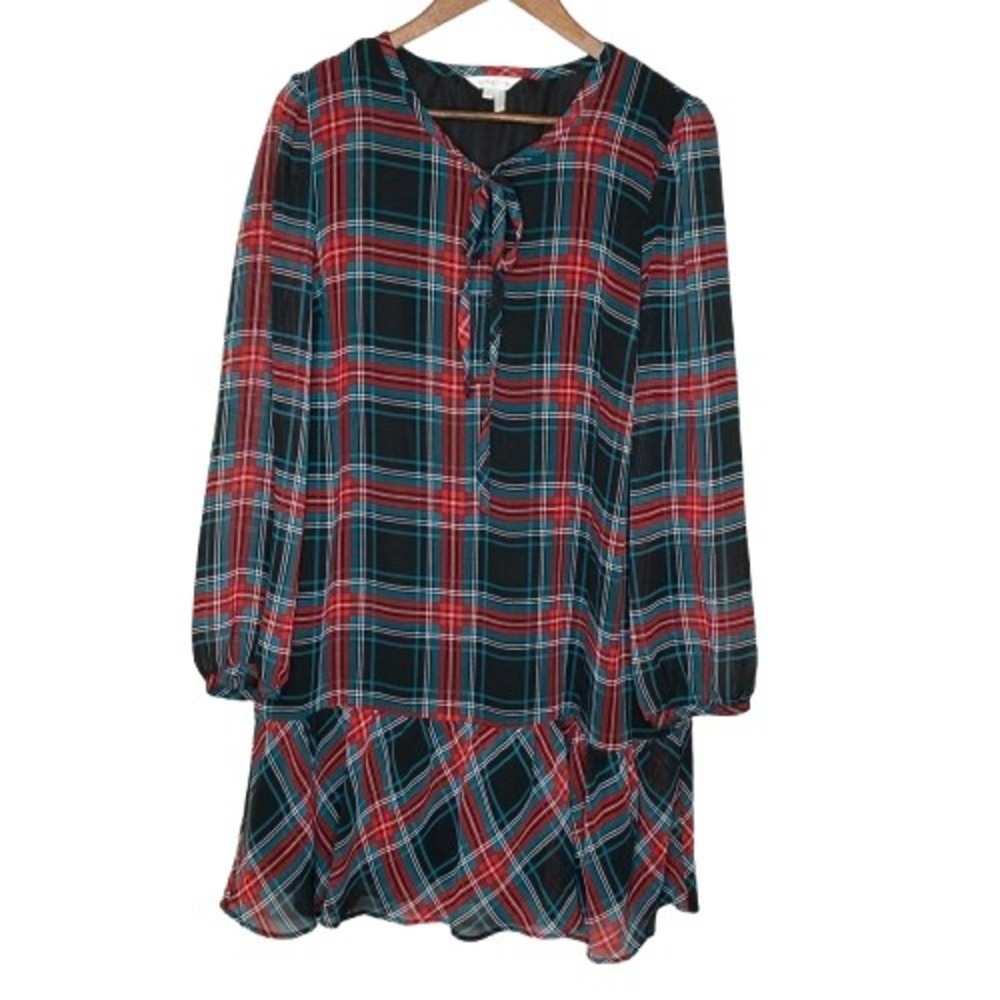 Draper James Womens Plaid Tie Neck Dress Sz L Red Green Christmas Holiday Preppy